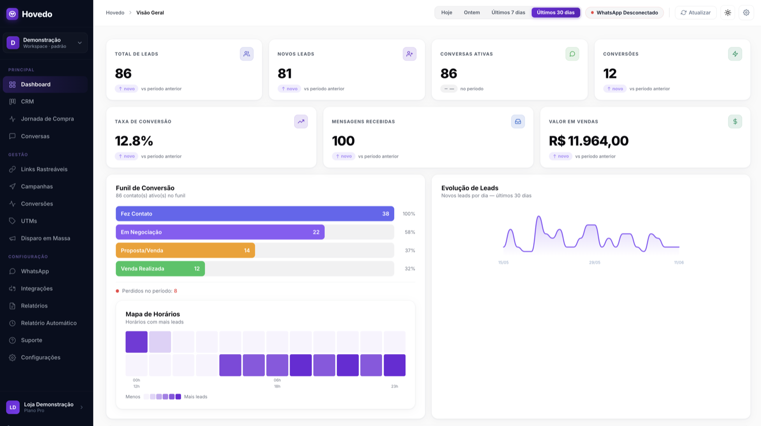 Painel do Hovedo com funil de conversão, total de leads, conversões e valor em vendas
